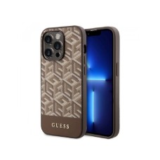 Guess Maska za iPhone 14 Pro GCUBE PU STRIPES Brown MagSafe